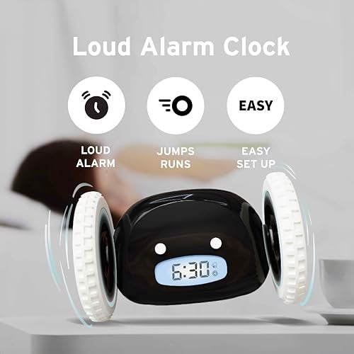 CLOCKY Alarm Clock on Wheels Loud Rolling Alarm Clock for Heavy Sleepers Runaway Clock that Jumps Runs to Wake You Up Funny Unique Gift for Adults Teens Kids Bedrooms Black - Image 3