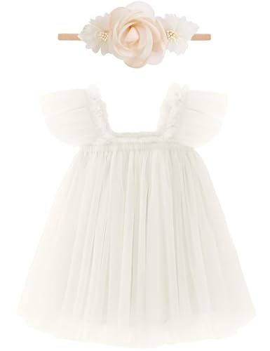 ANHDM Baby Girl First Birthday Outfit Cake Smash Short Sleeve Tulle Dresses 1st Birthday Dress with Flower Headband White 12 MonthsTag 90 - Image 1