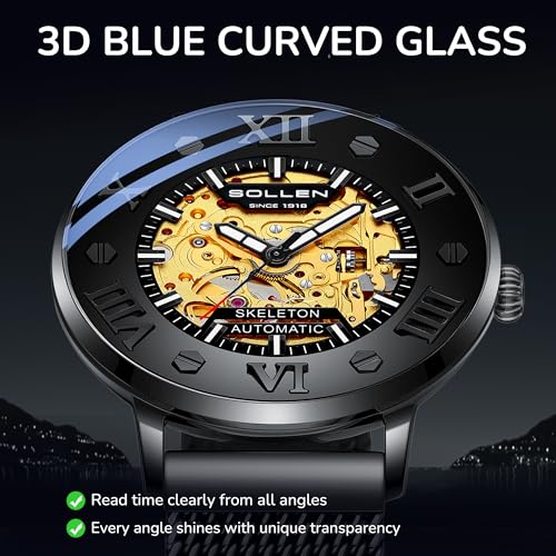 SOLLEN Black Men's Skeleton Watch, Luxury Cool Mechanical Watch with Original Automatic Movement, 30M Waterproof, Stainless Steel Case & Luminous Hand, Casual Stylish Self-Winding Watches for Office - 42mm - Image 3