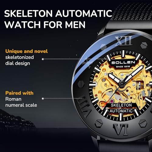 SOLLEN Black Men's Skeleton Watch, Luxury Cool Mechanical Watch with Original Automatic Movement, 30M Waterproof, Stainless Steel Case & Luminous Hand, Casual Stylish Self-Winding Watches for Office - 42mm - Image 4