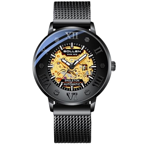 SOLLEN Black Men's Skeleton Watch, Luxury Cool Mechanical Watch with Original Automatic Movement, 30M Waterproof, Stainless Steel Case & Luminous Hand, Casual Stylish Self-Winding Watches for Office - 42mm - Image 1