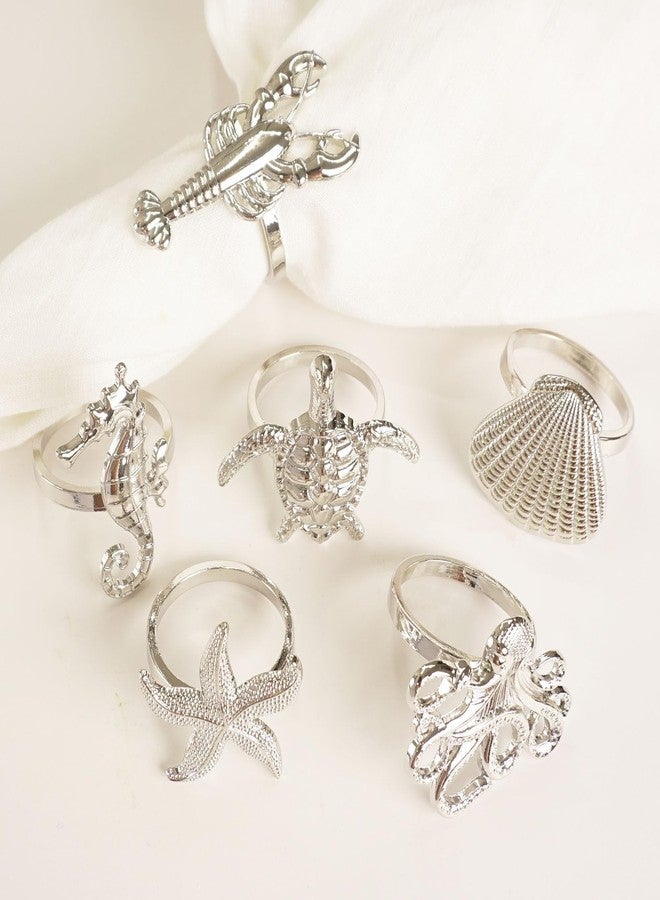 Utalek Coastal Theme Sea Creatures Napkin Rings Starfish Sea Shells Metal Napkin Rings Set of 6 for Dinner Party, Summer, Wedding, Beach Table Decor, Family Gatherings, or Everyday Use (6, Silver) - Image 1