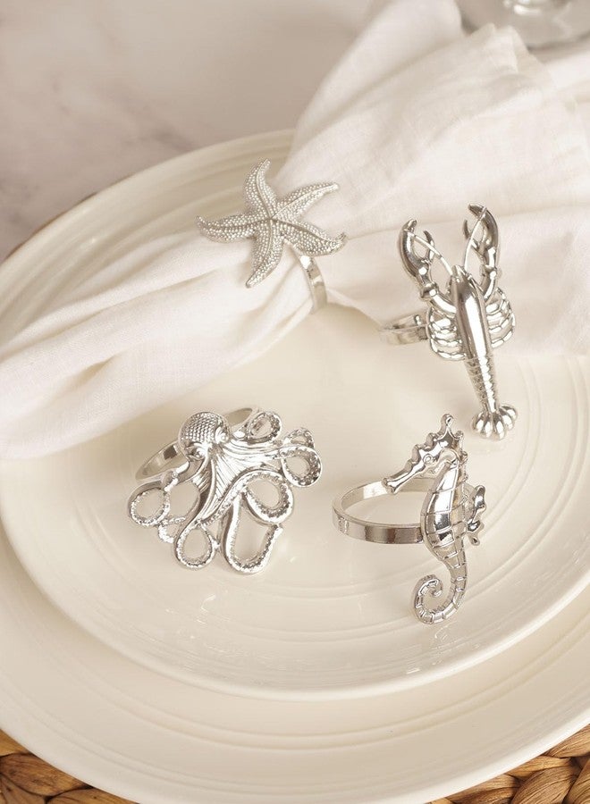 Utalek Coastal Theme Sea Creatures Napkin Rings Starfish Sea Shells Metal Napkin Rings Set of 6 for Dinner Party, Summer, Wedding, Beach Table Decor, Family Gatherings, or Everyday Use (6, Silver) - Image 2