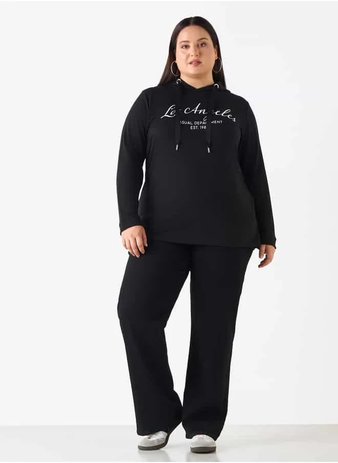 Ulla Popken Plus Size Ulla Popken Typographic Print Sweatshirt with Drawstring Closure