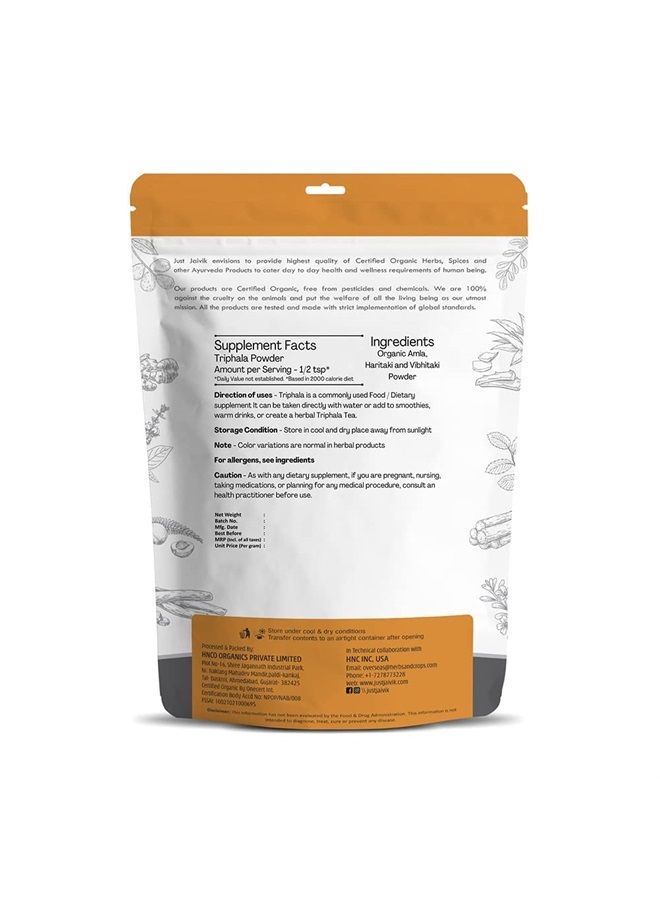 Just Jaivik 100% Organic Triphala Powder - Certified Organic by OneCert Asia, 227 GMS / 1/2 LB Pound / 08 Oz - Balances DOSHAS as per Ayurveda - Image 1