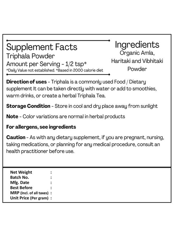 Just Jaivik 100% Organic Triphala Powder - Certified Organic by OneCert Asia, 227 GMS / 1/2 LB Pound / 08 Oz - Balances DOSHAS as per Ayurveda - Image 2