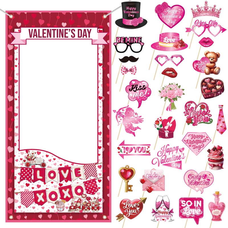 Lucleag Valentine's Day Photo Booth Props and Frame Set, 30Pcs Cute Heart Photo Props & 1Pcs Selfie Banner Photos Decor, Photo Props for Valentine's Day Decor Wedding Anniversary Party Supplies - Image 1