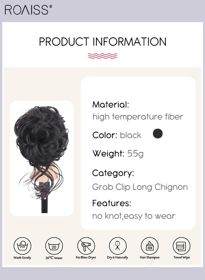 رويس وصلات كعكة الشعر المجعدة الفوضوية، العقدة الاصطناعية المموجة مع مخلب عالي المرونة، إكسسوارات الشعر على شكل دونات رولر، كعكة شعر مستعار للنساء أوبدو، أسود - Image 3