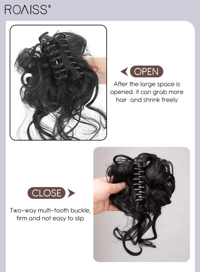 رويس وصلات كعكة الشعر المجعدة الفوضوية، العقدة الاصطناعية المموجة مع مخلب عالي المرونة، إكسسوارات الشعر على شكل دونات رولر، كعكة شعر مستعار للنساء أوبدو، أسود - Image 4
