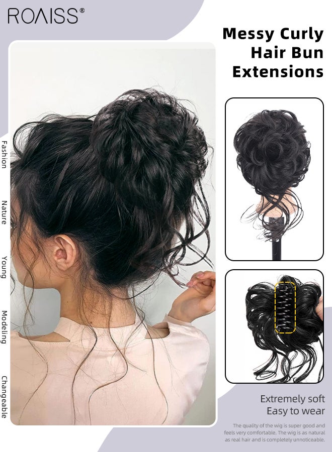 رويس وصلات كعكة الشعر المجعدة الفوضوية، العقدة الاصطناعية المموجة مع مخلب عالي المرونة، إكسسوارات الشعر على شكل دونات رولر، كعكة شعر مستعار للنساء أوبدو، أسود - Image 1