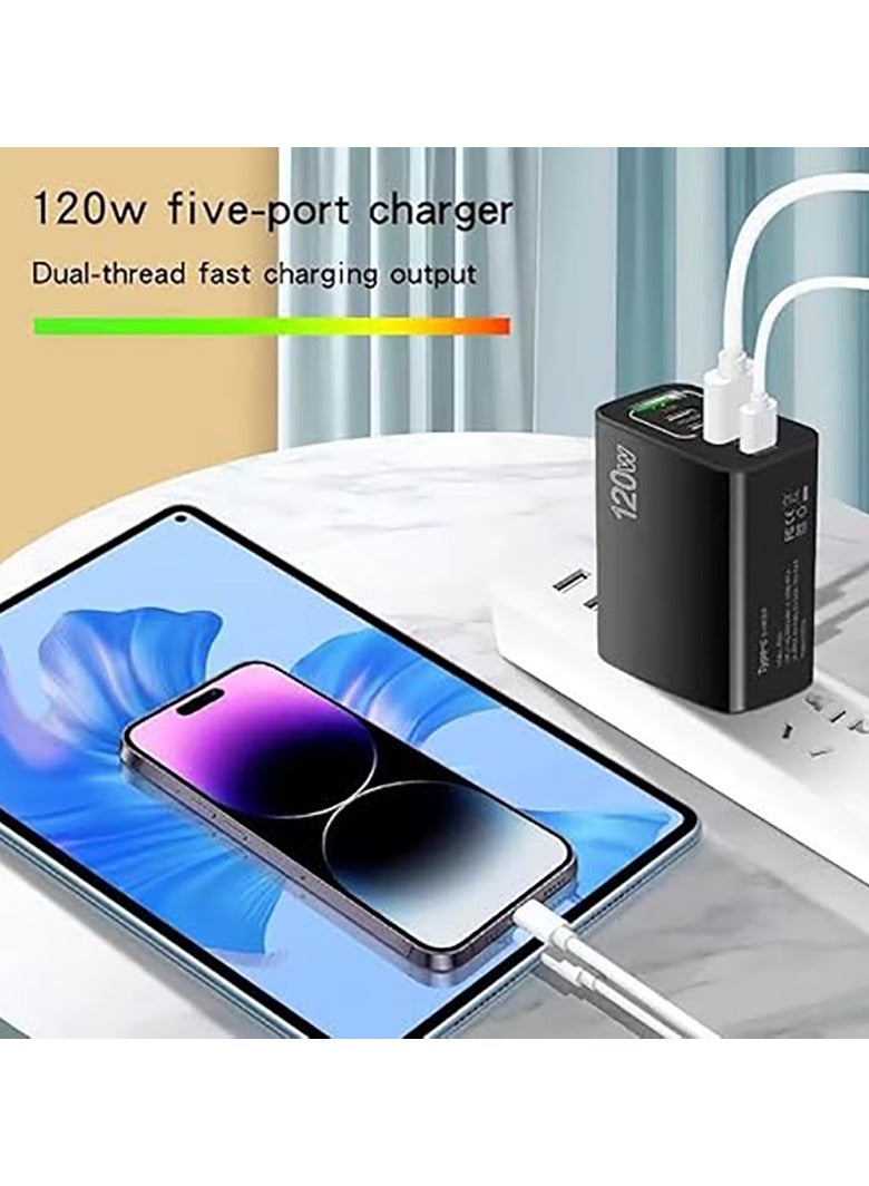 شاحن سريع 120 وات مع 5 منافذ، 3PD+2USB متعدد المنافذ، شاحن حائط متعدد المنافذ 120 وات، شاحن سفر سريع بـ 5 منافذ (أسود، المملكة المتحدة) - Image 3