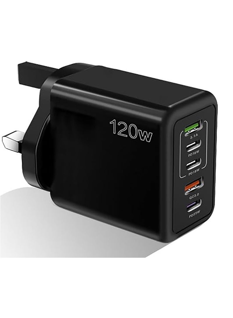 شاحن سريع 120 وات مع 5 منافذ، 3PD+2USB متعدد المنافذ، شاحن حائط متعدد المنافذ 120 وات، شاحن سفر سريع بـ 5 منافذ (أسود، المملكة المتحدة) - Image 1