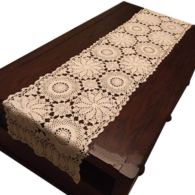 USTIDE Rustic Floral Table Runner Hand Crochet Table Doily Beige Cotton Lace Table Decoration for Coffee Table 15X59