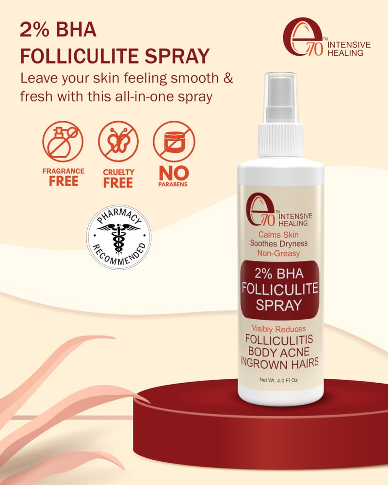 e70 Folliculitis Treatment 2% BHA Body Spray - Salicylic Acid with Tea Tree Oil & Aloe Vera - Spray Moisturizer for Dry Skin, Clogged Pores & Irritation by Made in USA, 4 fl. oz - Image 2