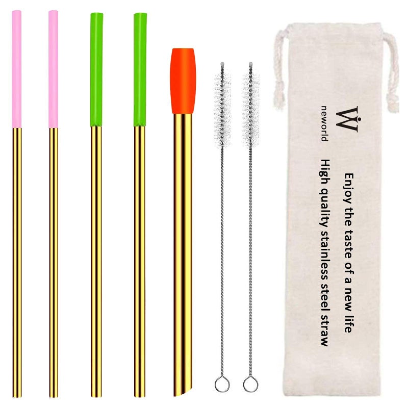 NEBYWOLD NEBYWOLD Metal Straws Reusable Stainless Steel Straws Bubble Tea Drinking with Silicone Tip and Carrying pack 5 Set  Mix Wide Straw 2 Cleaning Brush and A Portable Bag Gold