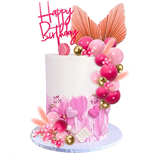 MEMOVAN Hot Pink Gold Balls Cake Toppers Flower Boho Cake Topper Balls Birthday Cake Decorations with Palm Leaves for Girl Bohemian Hot Pink Princess Theme Wedding Baby Shower Birthday Party29PCS - Image 1