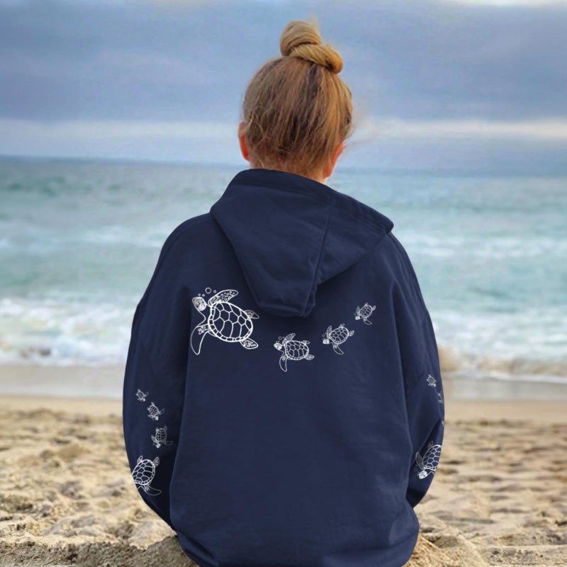 Lubpow Cute Sea Turtle Hoodies for Women Oversized Ocean Hoodie Aesthetic Graphic Sweatshirts Casual Fleece Pullover Tops(Navy Blue,L) - Image 4