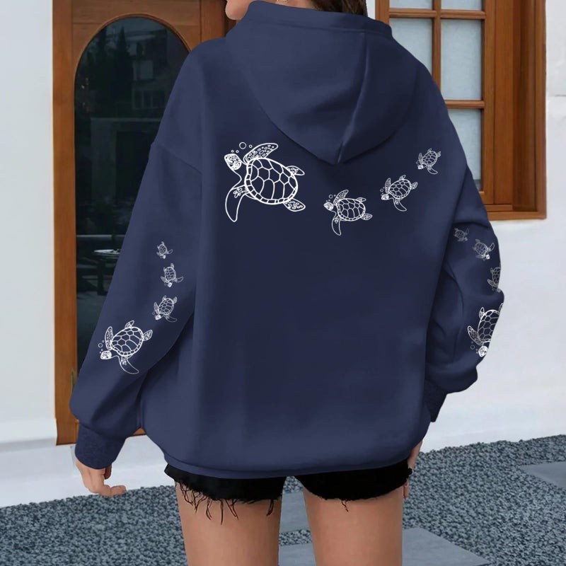 Lubpow Cute Sea Turtle Hoodies for Women Oversized Ocean Hoodie Aesthetic Graphic Sweatshirts Casual Fleece Pullover Tops(Navy Blue,L) - Image 2
