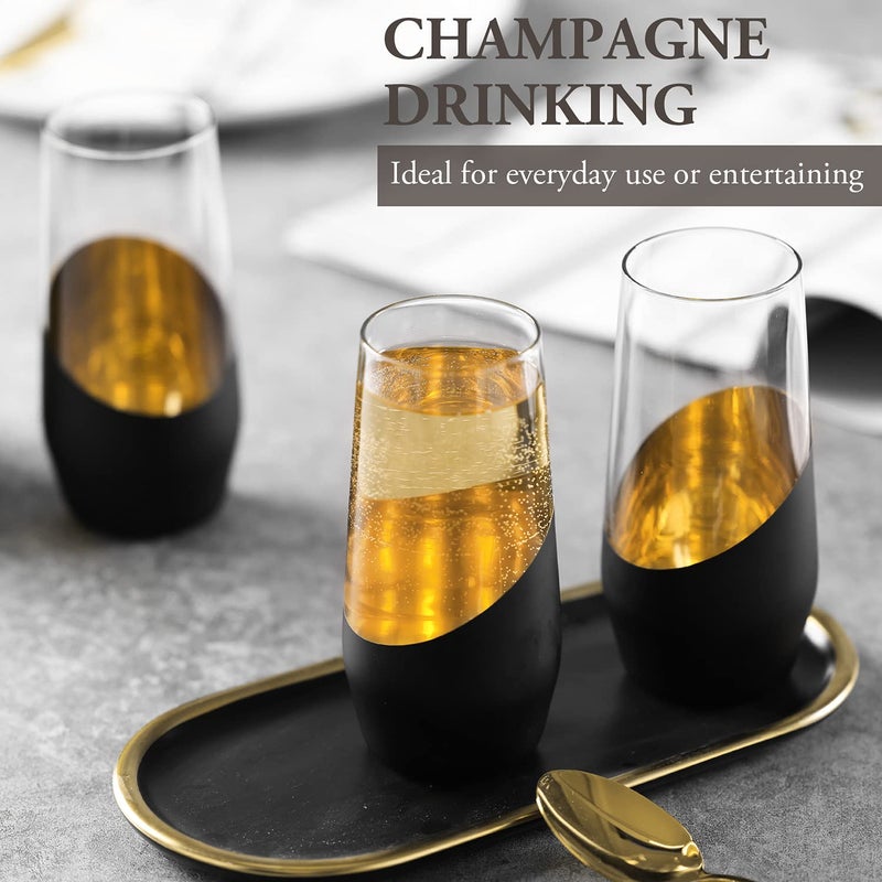 MyGift Set of 4 Black & Gold Stemless Champagne Flutes - 11 oz Wedding Party Glasses, Modern Barware for Sparkling Wine, Cocktails, Christmas Gifts (Elegant Home & Bridal Shower Essentials) - Image 3