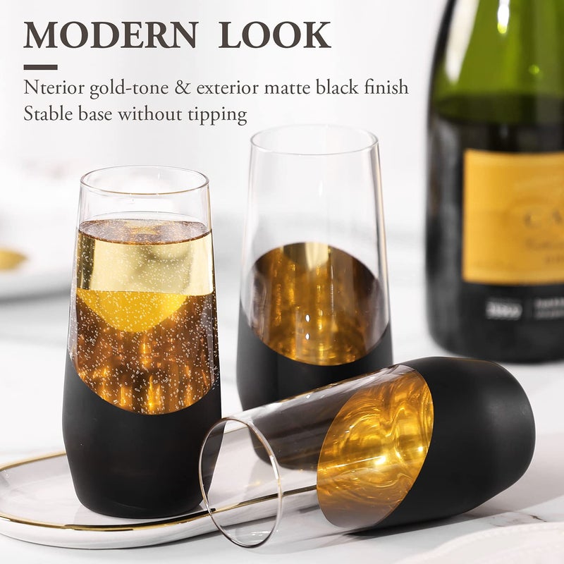MyGift Set of 4 Black & Gold Stemless Champagne Flutes - 11 oz Wedding Party Glasses, Modern Barware for Sparkling Wine, Cocktails, Christmas Gifts (Elegant Home & Bridal Shower Essentials) - Image 2