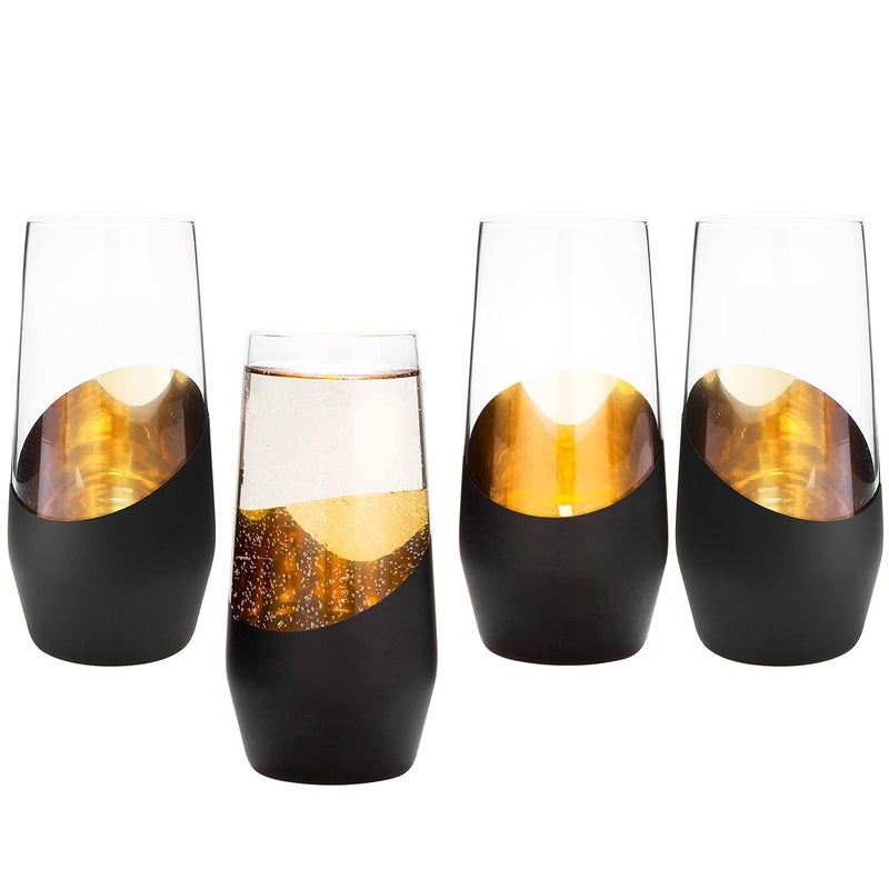 MyGift Set of 4 Black & Gold Stemless Champagne Flutes - 11 oz Wedding Party Glasses, Modern Barware for Sparkling Wine, Cocktails, Christmas Gifts (Elegant Home & Bridal Shower Essentials) - Image 1