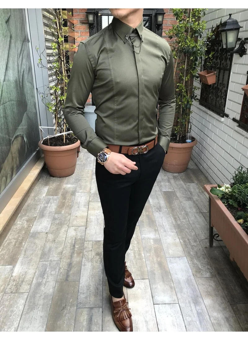 Terzi Adem Tailor Adem Italian Cut Men's Satin Khaki Green Chain Shirt T4094