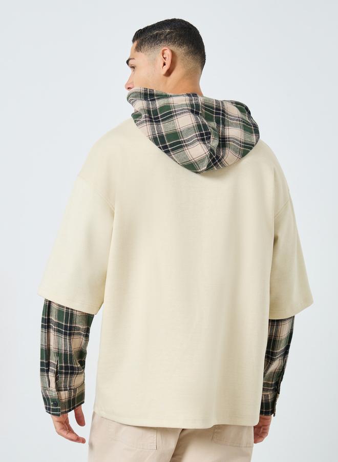 Take Two Men Beige Checked Panel Slogan Hoodie - Image 5