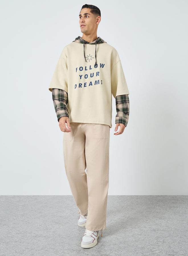 Take Two Men Beige Checked Panel Slogan Hoodie - Image 2