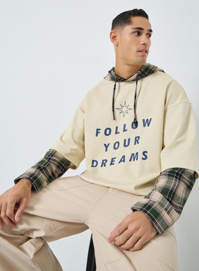 Take Two Men Beige Checked Panel Slogan Hoodie - Image 3
