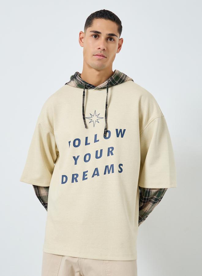 Take Two Men Beige Checked Panel Slogan Hoodie - Image 1