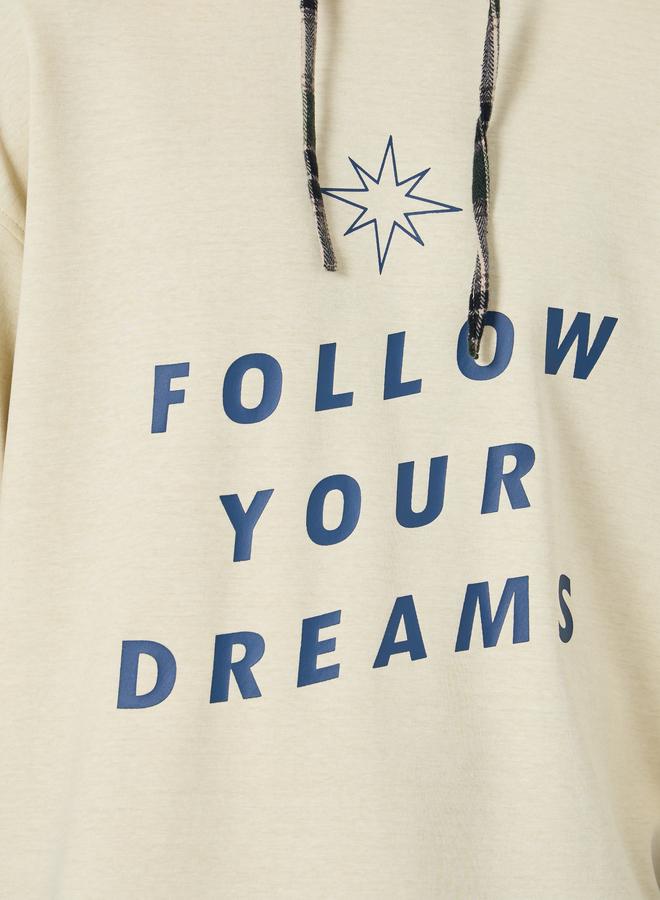 Take Two Men Beige Checked Panel Slogan Hoodie - Image 4