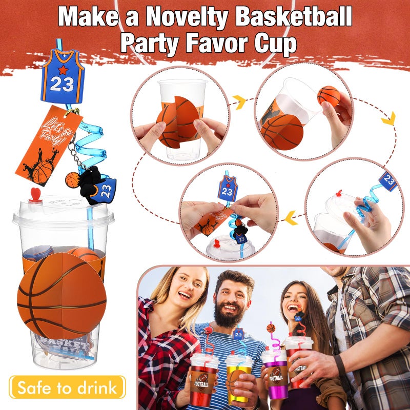 Seenelling Party Favors Set with Cup Straw Cup Sleeve Bouncy Ball Mini Pinball Machine Keychain Sticker Clap Bracelet Tag for Sport Reward Birthday Gift Party Supplies(195 Pcs,Basketball) - Image 3