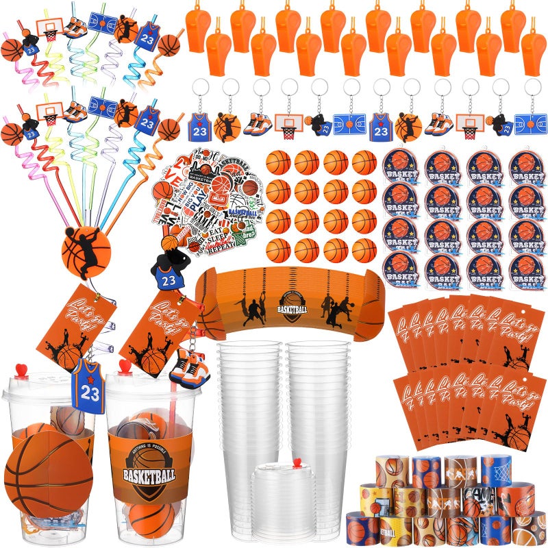 Seenelling Party Favors Set with Cup Straw Cup Sleeve Bouncy Ball Mini Pinball Machine Keychain Sticker Clap Bracelet Tag for Sport Reward Birthday Gift Party Supplies(195 Pcs,Basketball) - Image 1