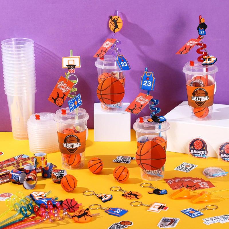 Seenelling Party Favors Set with Cup Straw Cup Sleeve Bouncy Ball Mini Pinball Machine Keychain Sticker Clap Bracelet Tag for Sport Reward Birthday Gift Party Supplies(195 Pcs,Basketball) - Image 5