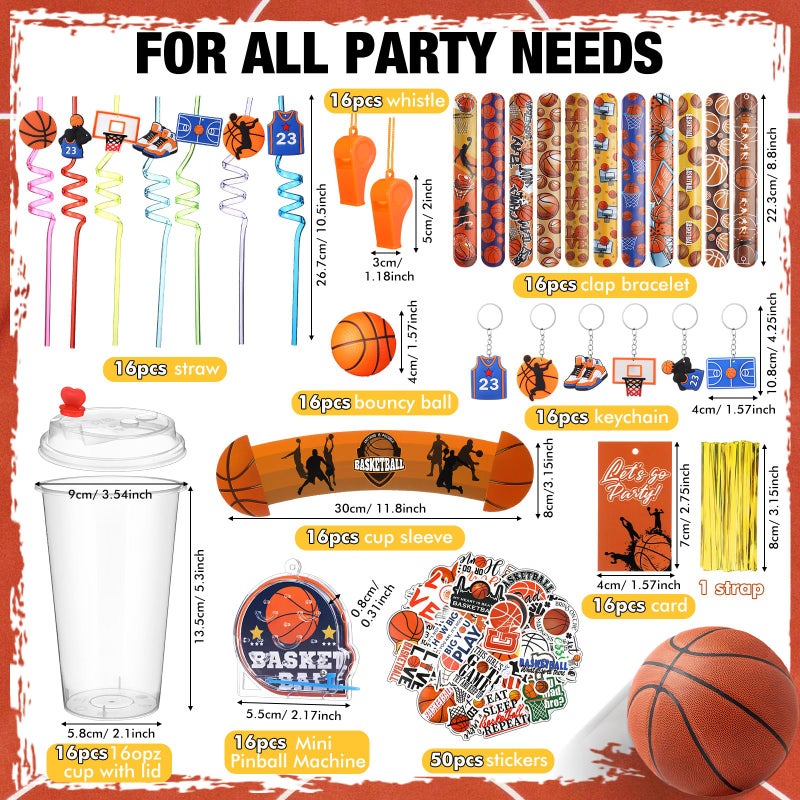Seenelling Party Favors Set with Cup Straw Cup Sleeve Bouncy Ball Mini Pinball Machine Keychain Sticker Clap Bracelet Tag for Sport Reward Birthday Gift Party Supplies(195 Pcs,Basketball) - Image 2