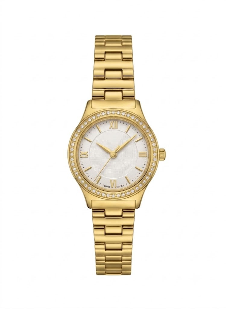 Women's Gold-Plated Analog Wristwatch with Crystal Bezel and White Dial