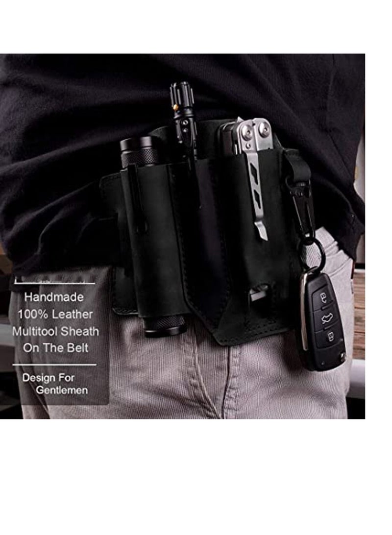 Multitool Sheath for Belt, Leather EDC Pocket Organizer for Men,Leather Man Sheath with Pen Holder, Key Fob Flashlight Sheath Flashlight Multitool Knives Pen EDC Leather Pouch Black - Image 2