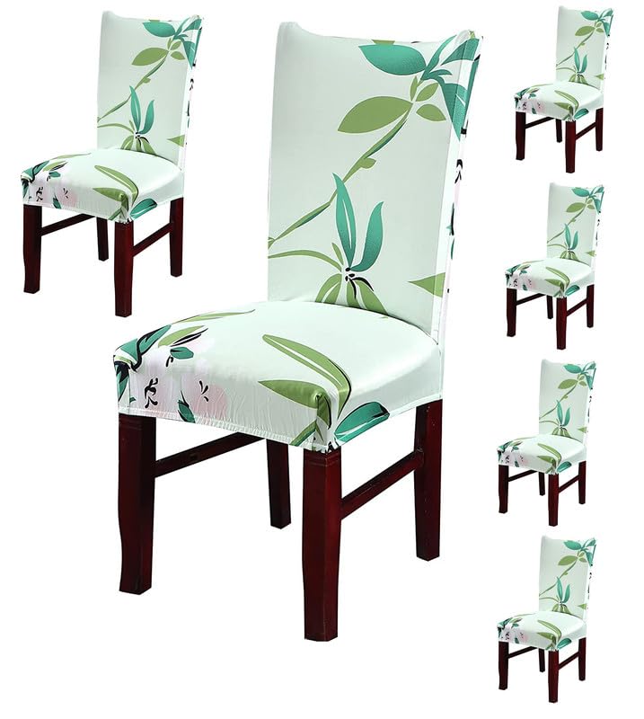 Styleys Elastic Chair Cover Stretch Removable Washable Short Dining Chair Cover Protector Seat Slipcover (Set of 6, Tea Green Flower, SD-3154) - Image 1