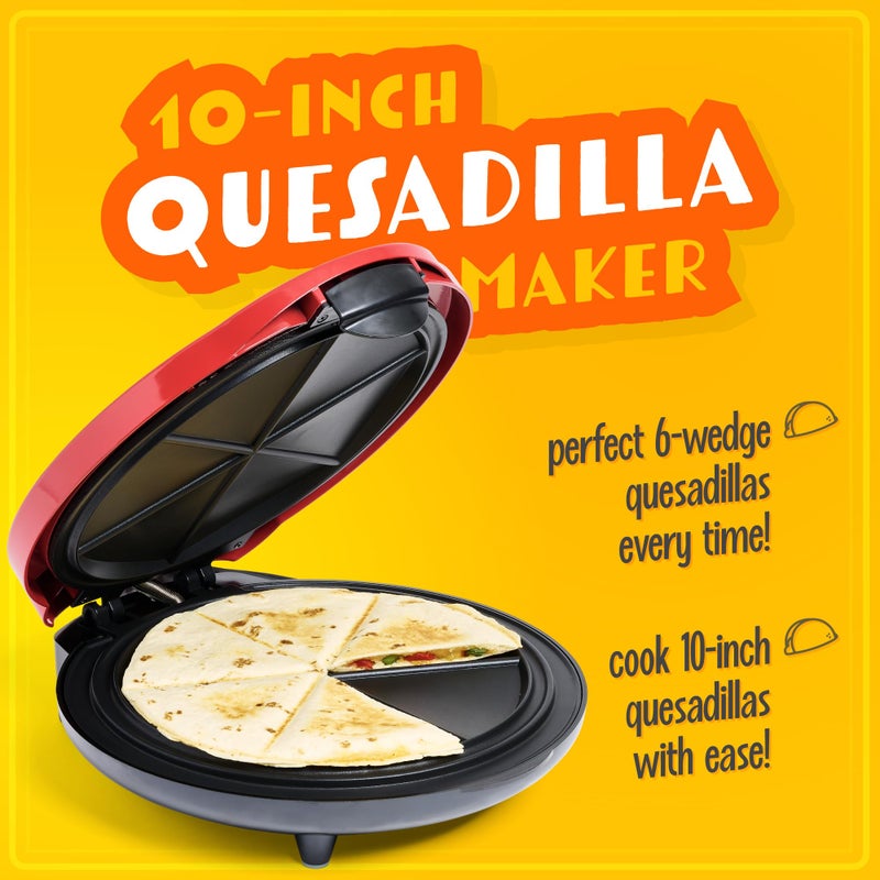 Nostalgia Taco Tuesday Deluxe 10-inch 6-Wedge Electric Quesadilla Maker with Extra Stuffing Latch, Red - Image 2