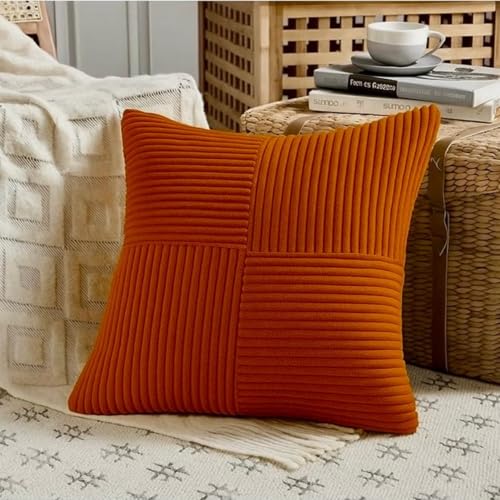 Guffaw Corduroy Pillow Covers Boho Decorative Spliced Throw Pillow Covers Soft Solid Couch Pillowcases Cross Patchwork Cushion Covers for Living Room Bed Sofa 16x16 inch (3, Orange) - Image 1
