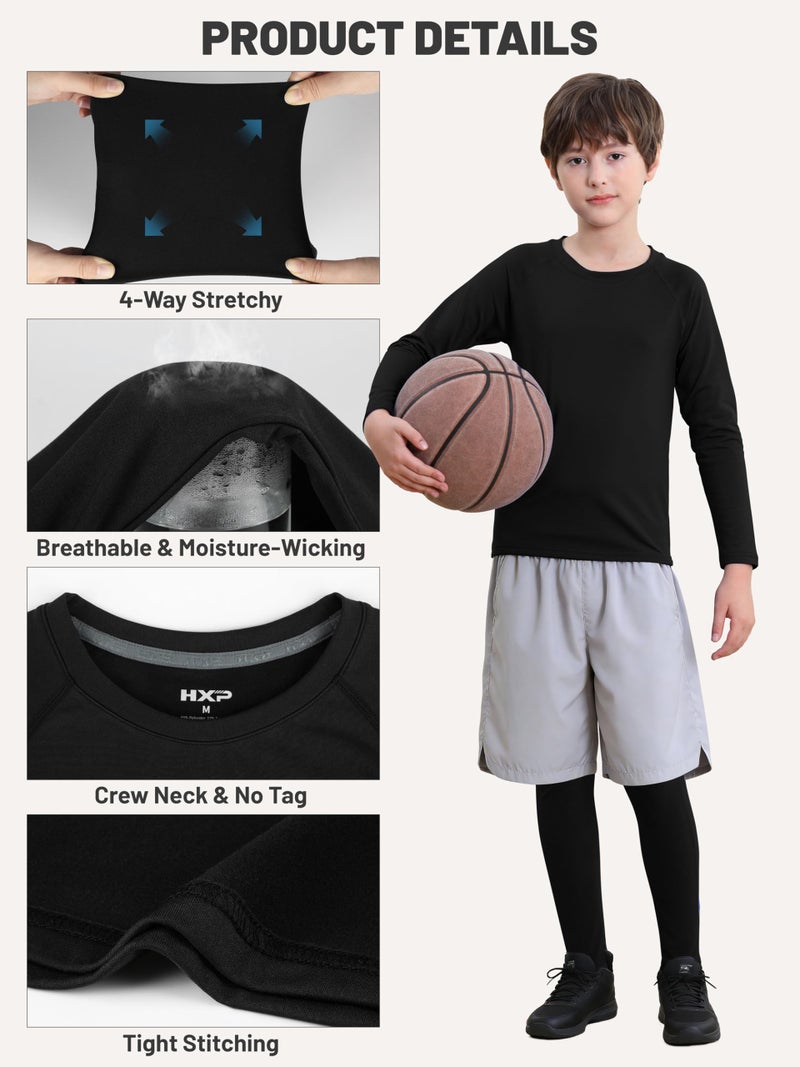 HXP Boys Compression Thermal Shirt Youth Long Sleeve Fleece Undershirts Kids Football Baseball Soccer Base Layer Black M - Image 4