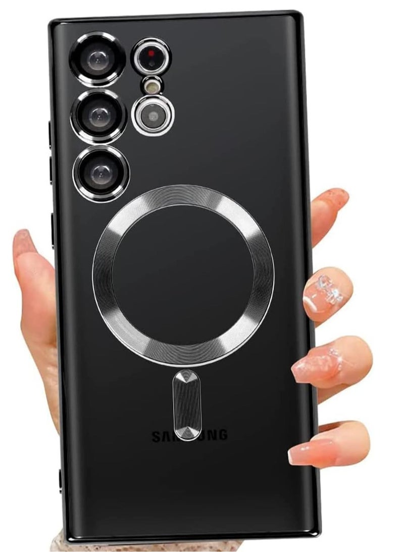 إلترازون Magnetic Clear Case for Samsung Galaxy S23 Ultra 5G with Camera Lens Protector, Compatible with MagSafe, Electroplated Slim Shockproof Phone Protective Cover for Women Men (Black) - Image 1