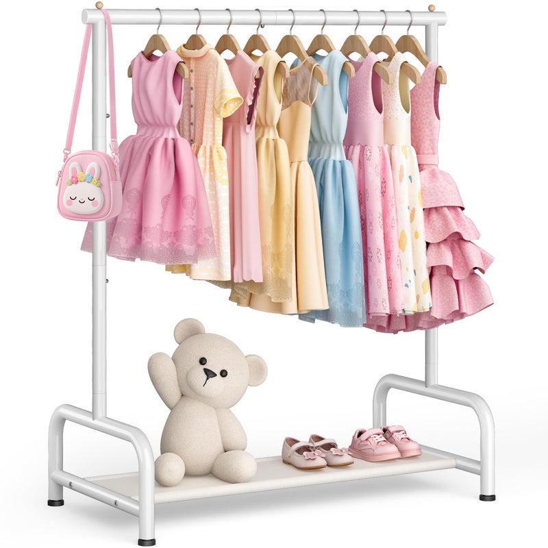 SLEEPING LAMB Kids Clothing Rack, Small Baby Clothes Rack with Bottom Storage Shelf, Kids Dress Up Rack Storage for Coats, Dance Costume Garment Rack for Hanging Clothes, White - Image 1