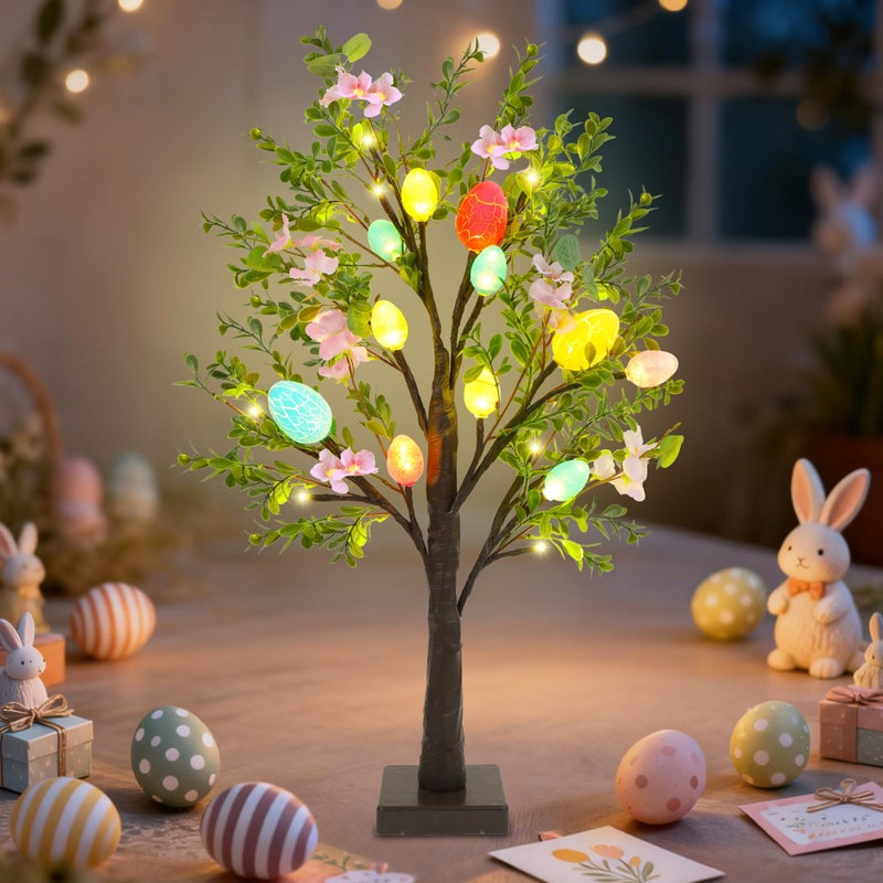DR.DUDU Easter Decor Set of 2 Lighted 24 Inch Artificial Tree with Easter Eggs & Colorful LED Lights, Light Up Tabletop Bonsai Tree for Table Home Holiday Spring Decor - Image 4