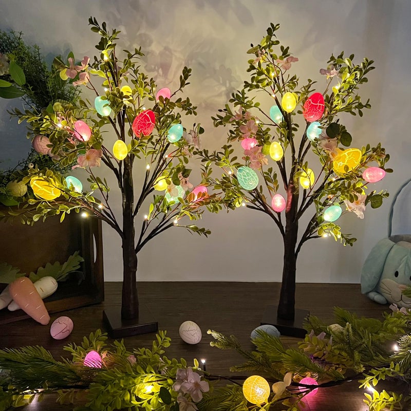 DR.DUDU Easter Decor Set of 2 Lighted 24 Inch Artificial Tree with Easter Eggs & Colorful LED Lights, Light Up Tabletop Bonsai Tree for Table Home Holiday Spring Decor - Image 5