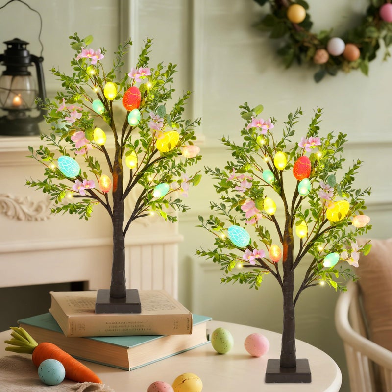 DR.DUDU Easter Decor Set of 2 Lighted 24 Inch Artificial Tree with Easter Eggs & Colorful LED Lights, Light Up Tabletop Bonsai Tree for Table Home Holiday Spring Decor - Image 1
