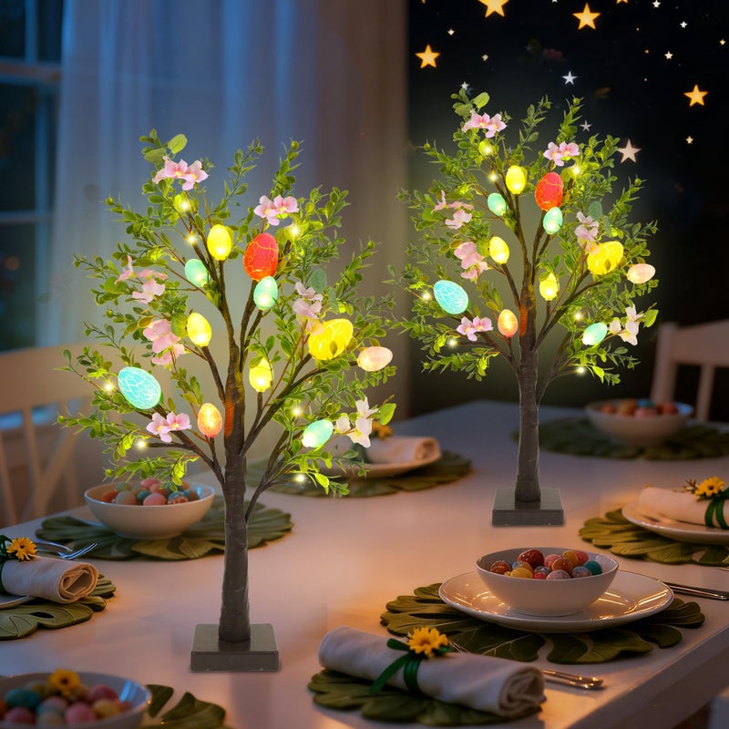DR.DUDU Easter Decor Set of 2 Lighted 24 Inch Artificial Tree with Easter Eggs & Colorful LED Lights, Light Up Tabletop Bonsai Tree for Table Home Holiday Spring Decor - Image 2