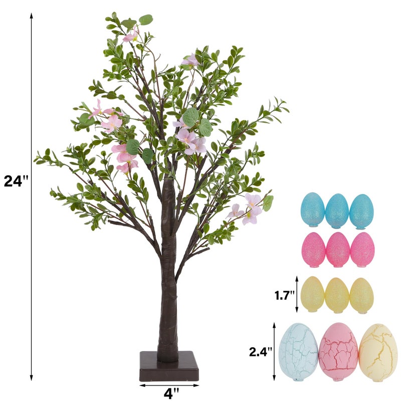 DR.DUDU Easter Decor Set of 2 Lighted 24 Inch Artificial Tree with Easter Eggs & Colorful LED Lights, Light Up Tabletop Bonsai Tree for Table Home Holiday Spring Decor - Image 3