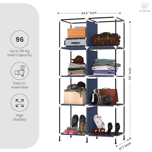 MY ARMOR 2-Door Foldable Wardrobe/Multipurpose Storage Rack, Collapsible Fabric Wardrobe Organizer for Clothes, Navy Blue (Plastic,Fabric) - 8 Shelfes Design - Image 4