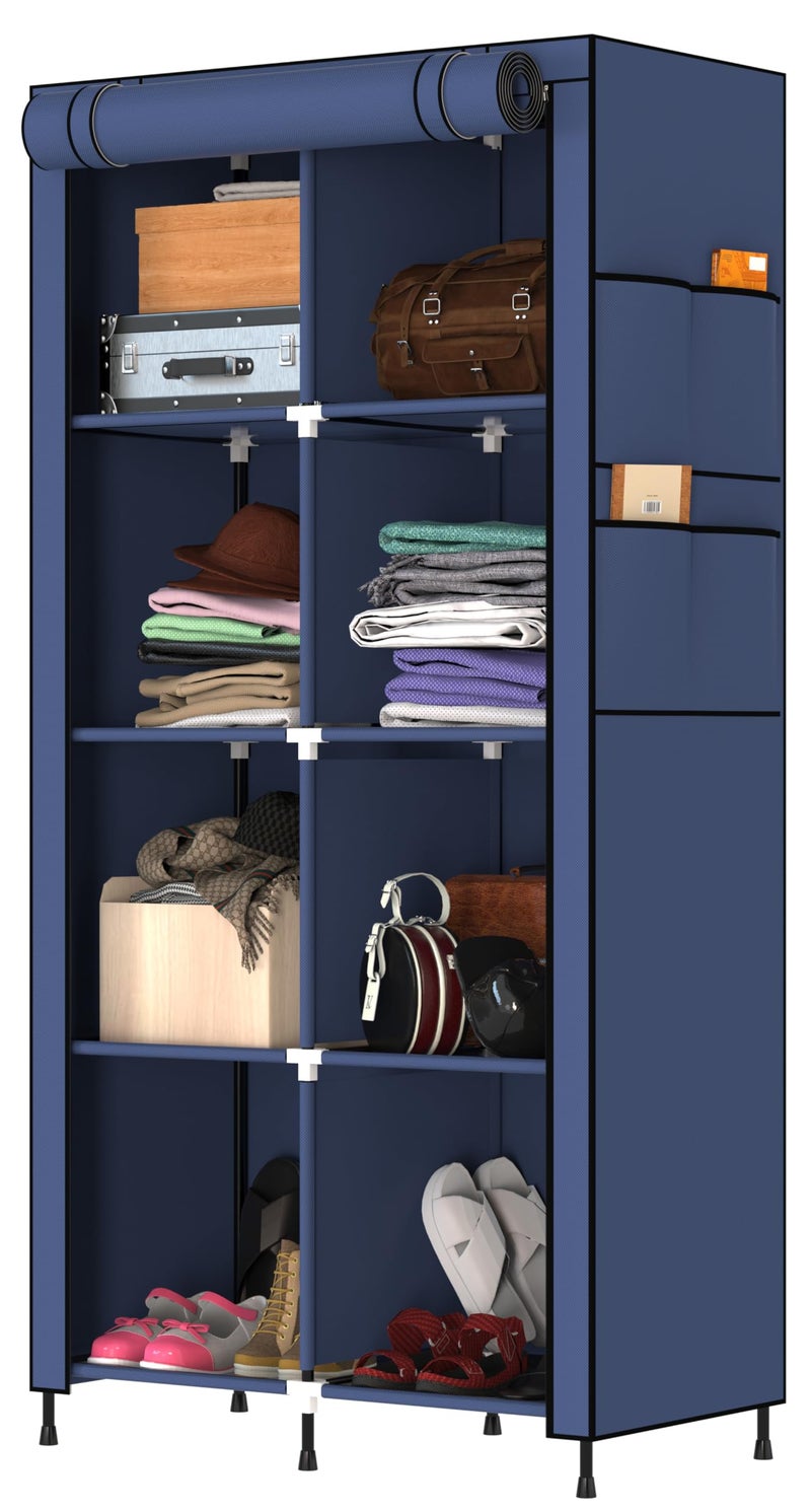 MY ARMOR 2-Door Foldable Wardrobe/Multipurpose Storage Rack, Collapsible Fabric Wardrobe Organizer for Clothes, Navy Blue (Plastic,Fabric) - 8 Shelfes Design - Image 1